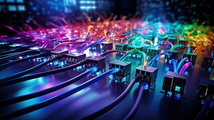 Fototapete - Devices connected via physical Ethernet cables, showcasing wired network connections