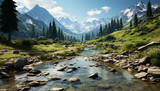 Fototapeta Natura - Majestic mountain range reflects tranquil meadow in summer beauty generated by AI