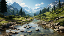 Majestic Mountain Range Reflects Tranquil Meadow In Summer Beauty Generated By AI