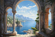 painting of a beautiful coastal landscape viewed through stone arches