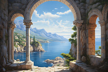 Painting Of A Beautiful Coastal Landscape Viewed Through Stone Arches