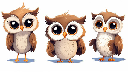 Wall Mural - collection of cute cartoon owls on a white background set