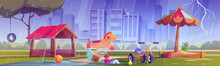 Thunder And Rain In Kindergarten Playground Park Cartoon Background. Summer Children Outside Amusement With Rainy Weather And Lightning. Outdoor Urban City Landscape With Water Puddle On Yard