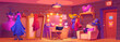 © klyaksun - Theater dressing room interior. Vector cartoon illustration of show backstage, makeup mirror with light bulbs, cosmetics on table, sparkling costumes and hats on rack, wig on mannequin, vintage screen