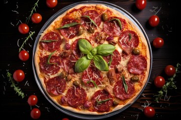 Wall Mural - a top view shot of a pepperoni pizza