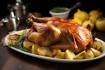 Sticker - roasted chicken on a platter with garnish