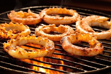 Sticker - calamari rings sizzling on a grill grate