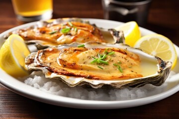 Wall Mural - close-up of a grilled oyster with garlic sauce and a lemon wedge