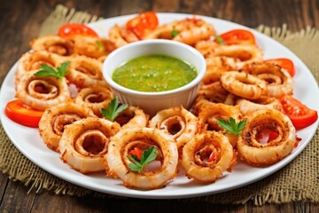 Sticker - grilled calamari rings drizzled with tangy hot sauce