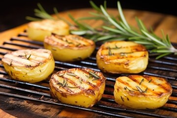 Wall Mural - close-up shot of grilled potatoes with rosemary on a chopping board