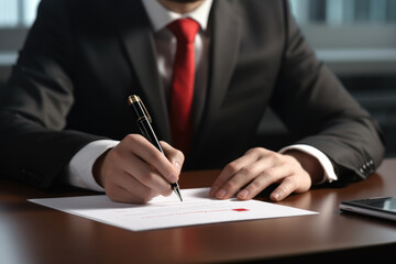 Man dressed in suit is seen writing on piece of paper. This image can be used to depict professionalism, business, or office work.