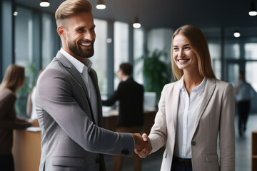 Wall Mural - Professional man and woman shaking hands in office setting. This image can be used to represent business meetings, negotiations, teamwork, or collaboration in corporate environment.