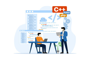 Sticker - Web development or programming language concept. css, html, IT, ui. Cartoon character programmer developing website, coding. Software developer with laptop. Vector illustration on white background.