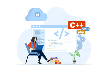 Wall Mural - web development or programming language concept. css, html, it, ui. cartoon character programmer dev