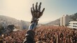 Humanoid robot's hand raises up infront of cheering crowd. AI take control of human. Artificial Intelligence rules over humanity.