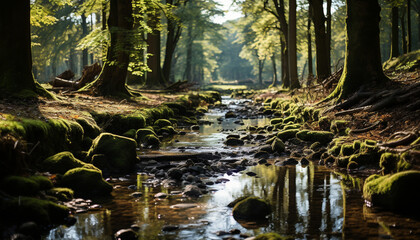 Sticker - Tranquil scene nature beauty in autumn, green leaves, flowing water generated by AI