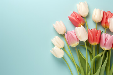 Poster - Beautiful bouquet of pink and white tulips against vibrant blue background. Perfect for adding touch of elegance to any project or design.