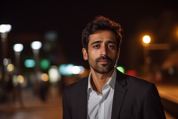 Wall Mural - Portrait of a handsome young man in the city at night.