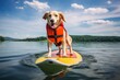 a dog in a life vest on a paddleboard on lake