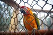 a parrot sitting alone in a large aviary
