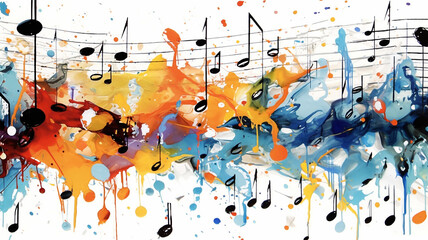 abstract musical background a swirl of multicolored notes on a white background isolated.