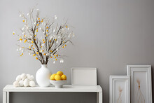 Home Interior With Easter Decor. Pussy Willow Branches In A Vase, White And Yellow Eggs On The White Table. Minimalist, Scandinavian Style. Space For Text