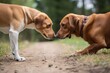two dogs with different sizes sniffing each other