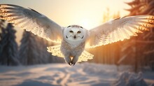 Eagle Owl In Flight In Rising Sun