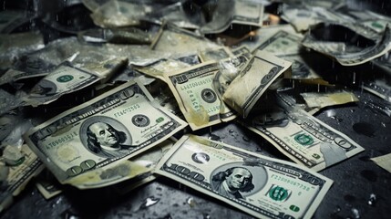 Money bills on wet street and are left dirty, dusty, and old as fiat money has no value. Hyperinflation, currencies collapse, economic and financial crisis concept