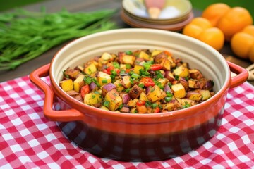 Wall Mural - barbecue potato salad in a stoneware dish with a checkered napkin on side