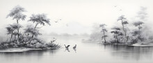 Wallpaper Vintage Chinese Landscape Drawing Of Lake With Birds Trees And Fog In Black And White Design For Wallpaper, Wall Art, Print, Fresco, Mural