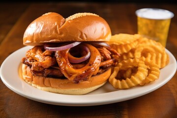 Wall Mural - barbecue chicken sandwich with a side of onion rings