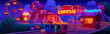 Amusement park with bright neon lights at night. Cartoon evening illustration of carnival or funfair landscape with circus tent, ferris wheel, children train and carousel, popcorn and shooting kiosk.