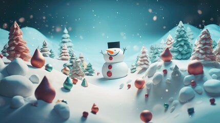 Aufkleber - Christmas winter background with snowman a snow-covered landscape, a cute snowman, and a collection of cheerful holiday decorations, creating a sense of playfulness, Photography