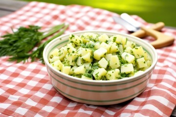 Canvas Print - a bowl of homemade potato salad on a gingham tablecloth