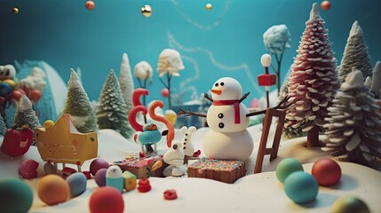 Aufkleber - Christmas winter background with snowman a snow-covered landscape, a cute snowman, and a collection of cheerful holiday decorations, creating a sense of playfulness, Photography
