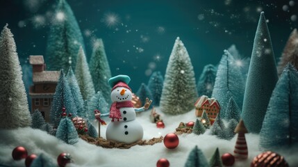 Aufkleber - Christmas winter background with snowman a snow-covered landscape, a cute snowman, and a collection of cheerful holiday decorations, creating a sense of playfulness, Photography