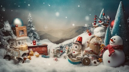 Aufkleber - Christmas winter background with snowman a snow-covered landscape, a cute snowman, and a collection of cheerful holiday decorations, creating a sense of playfulness, Photography