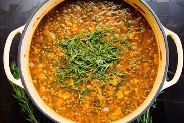 Wall Mural - overhead shot of a pot filled with simmering lentil soup