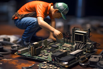 Wall Mural - close up of The technician repairing the computer, computer hardware, repairing, upgrade and technology. miniature model diorama