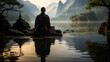 Meditation of a Zen / Buddhist Monk, surrounded by a traditional japanese landscape, atmospheric and moody landscape, pensive stillness within a mystic landscape.