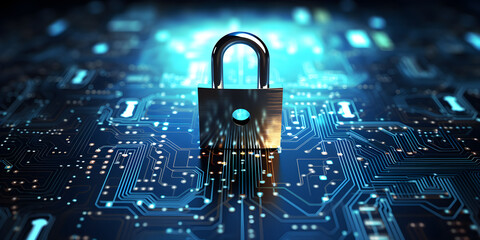 secure connection or cybersecurity service concept of computer motherboard closeup and safety lock with login and connecting verified credentials as wide banner design