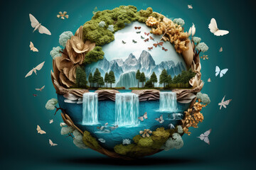 Wall Mural - Concept of ecology and world water day , Paper art design of preserving natural resources