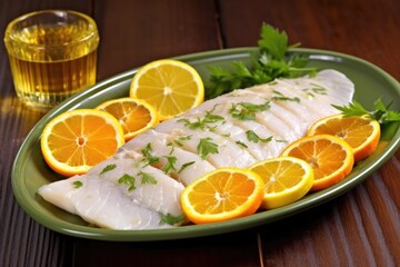 Poster - citrus marinated fish fillet on a ceramic plate