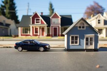 Pair Of Miniatures Houses With Similar Cars Parked