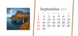 Set of horizontal flip calendars with amazing landscapes in minimal style. September 2024. Dramatic autumn morning on Mulafossur Waterfall, Gasadalur village, Faroe Islands, Denmark, Europe.