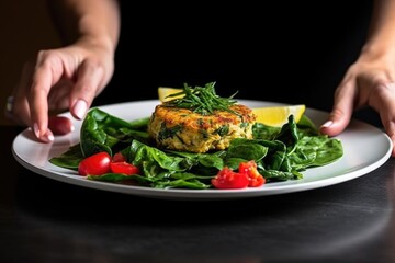 Wall Mural - hand inserting leafy greens under a crab cake on a plate