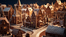 Gingerbread City Concept. Illustration Of Small Cartoon City. Snow Covered Town Made From Gingerbread. Happy Holidays With Gingerbread Houses. Space For Text. 