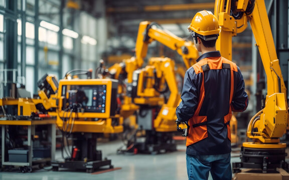 Engineers check and control welding robotics automatic arms machine in factory automotive industrial. blurred digital manufacturing operation. digital ai. Industry 4.0, digital ai