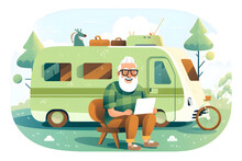 Illustration Of Happy Older Man Sitting In Rv Camper Van Using Laptop. Smiling Mature Active Traveller Holding Computer On Lap Remote Working Online And Enjoying Freedom, Resting In Outdoor Camping